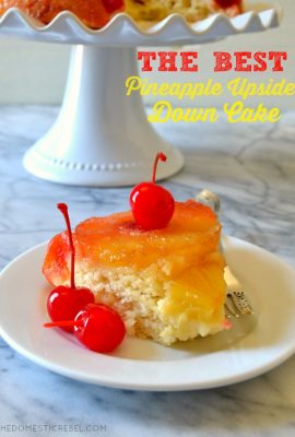 This is the BEST recipe for Pineapple Upside Down Cake EVER! Supremely moist, soft and tender pineapple-infused cake topped with a caramelized brown sugar & butter sauce, softened pineapples and juicy cherries. So easy, impressive, and TASTY!
