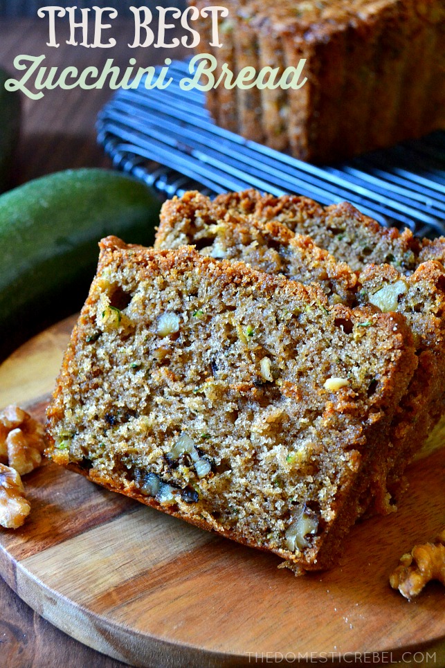 THREE SLICES OF ZUCCHINI BREAD ON A WOODEN BLOCK