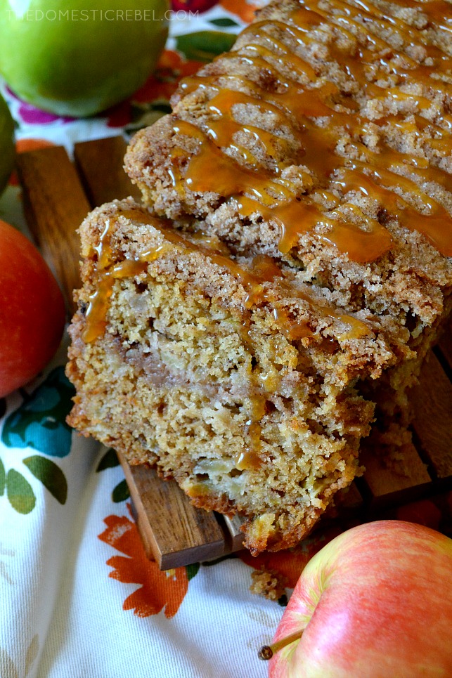 APPLE BREAD LOAF WITH CARAMEL DRIZZLED ON TOP