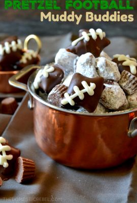 These Pretzel Football Muddy Buddies are INSANELY GOOD! Chocolate-covered peanut butter-filled pretzels are tossed with powdered sugar and peanut butter cups and decorated to look like mini footballs! Perfect for game-day!