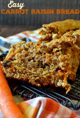 This Easy Carrot Raisin Bread is simple thanks to one secret ingredient: pancake mix! No one will know this bread came together with Krusteaz Buttermilk Protein Pancake Mix. Perfect for fall, it's a total favorite! #krusteaz #ad