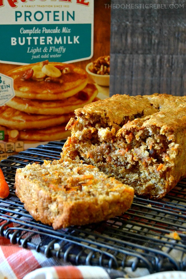 This Easy Carrot Raisin Bread is simple thanks to one secret ingredient: pancake mix! No one will know this bread came together with Krusteaz Buttermilk Protein Pancake Mix. Perfect for fall, it's a total favorite! #krusteaz #ad