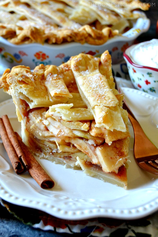 slice of apple pie on a white plate with a fork and cinnamon