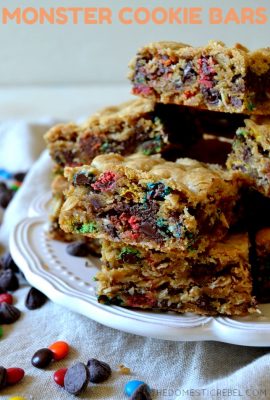 These Thick & Chewy Monster Cookie Bars taste just like your favorite monster cookie recipe but EASIER! Loaded with chewy oats, creamy peanut butter, gooey chocolate chips and crunchy mini M&M's, they're flavorful, thick, super chewy, and DELICIOUS!