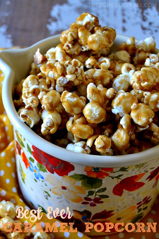 caramel popcorn in a floral dish