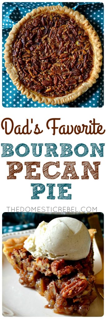 Dad's Favorite Bourbon Pecan Pie is a fun twist on a classic: rich, complex bourbon adds tremendous flavor to this rich and gooey pecan pie! Perfect for the holidays, it's super easy and everyone will adore the incredible flavor! 