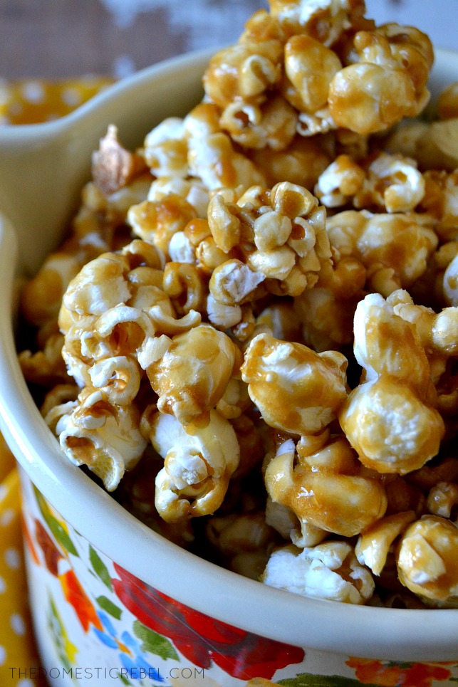aerial view of caramel popcorn in a dish