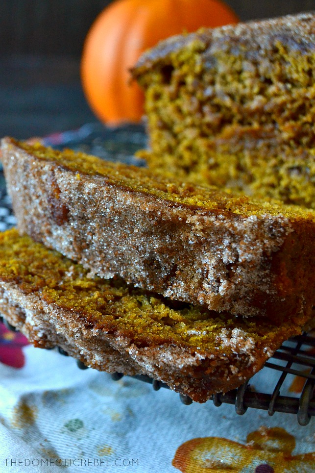 two stacked slices of pumpkin churro bread