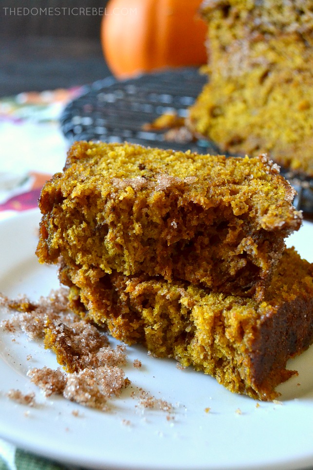 a slice of pumpkin churro bread cut in half and stacked