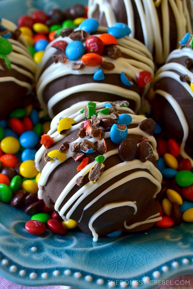 close up of two brownie bombs topped with chopped M&M's