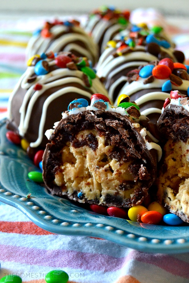 brownie bomb cut in half to show monster cookie dough inside
