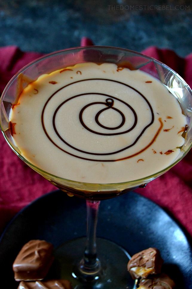 aerial view of the milky way martini with a chocolate sauce swirl