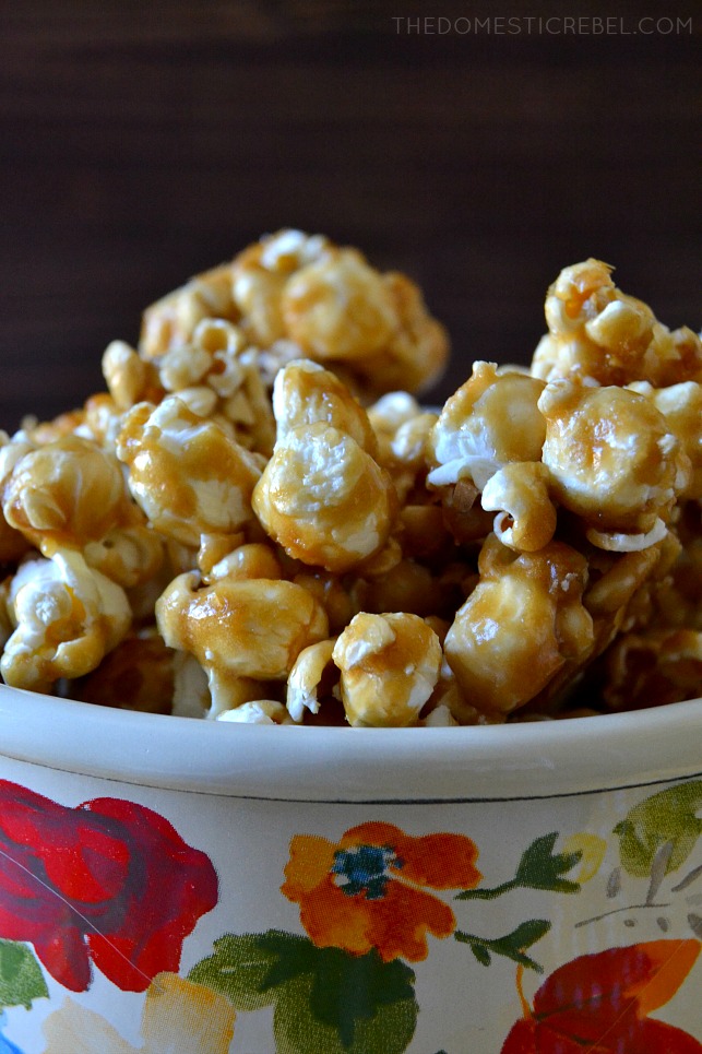 close up of caramel popcorn in a floral dish