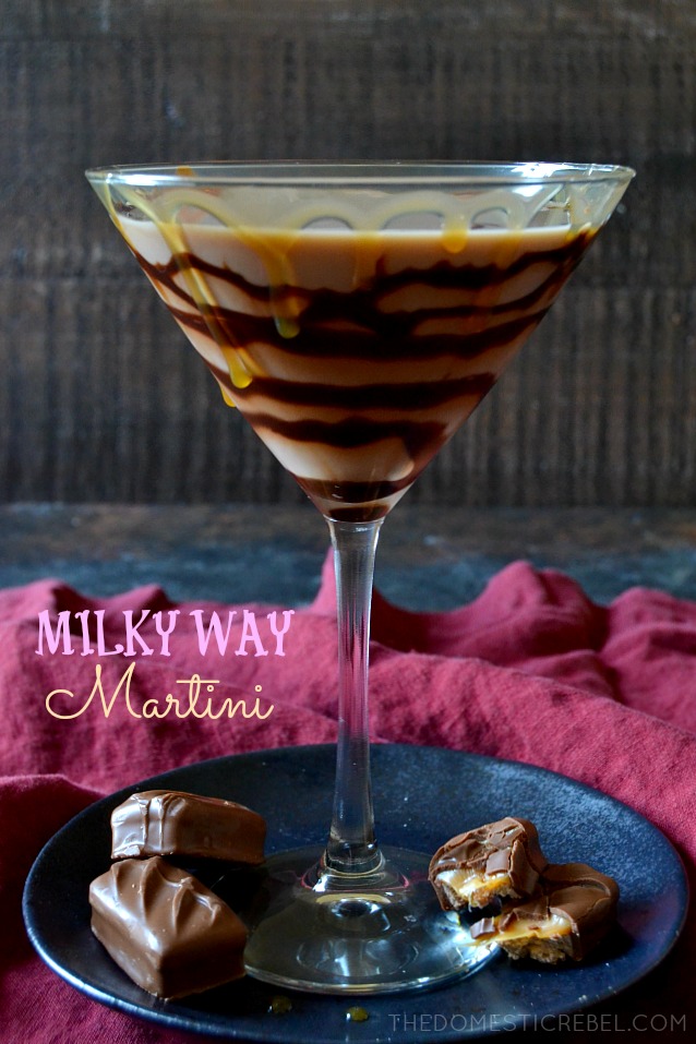 milky way martini in a martini glass on a blue plate 