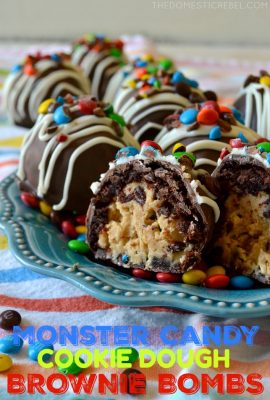 These Monster Cookie Dough Brownie Bombs are DELICIOUS! "Monster" cookie dough flavored with peanut butter, oats, chocolate chips and M&M's is surrounded by a fudgy baked brownie and coated in chocolate and more candy! Perfect for parties, gifts, or just to cure a serious chocolate craving!
