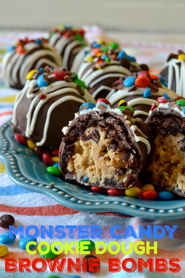 several monster candy cookie dough brownie bombs arranged on a plate