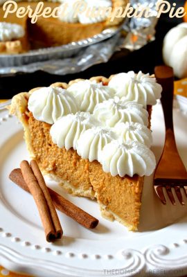 This truly is the most PERFECT Pumpkin Pie! A buttery flaky crust filled to the brim with perfectly spiced, creamy pumpkin filling and topped with a mountain of fresh whipped cream. Impressive, easy, and perfect for the holiday season!