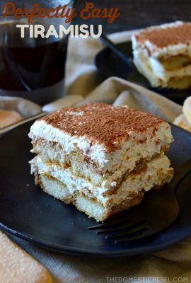 This Perfectly Easy Tiramisu is exactly as the name suggests: SO SIMPLE. Layers of Kahlua-soaked ladyfinger cookies with a whipped cream cheese mixture and lots of cocoa powder! So simple and amazing.