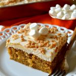 This Sweet Potato Sheet Cake with Marshmallow Frosting is such a delicious, crowd-pleasing cake! Moist, tender sweet potato spice cake topped with a creamy, fluffy marshmallow frosting and crunchy toffee bits. Perfect for fall and winter!