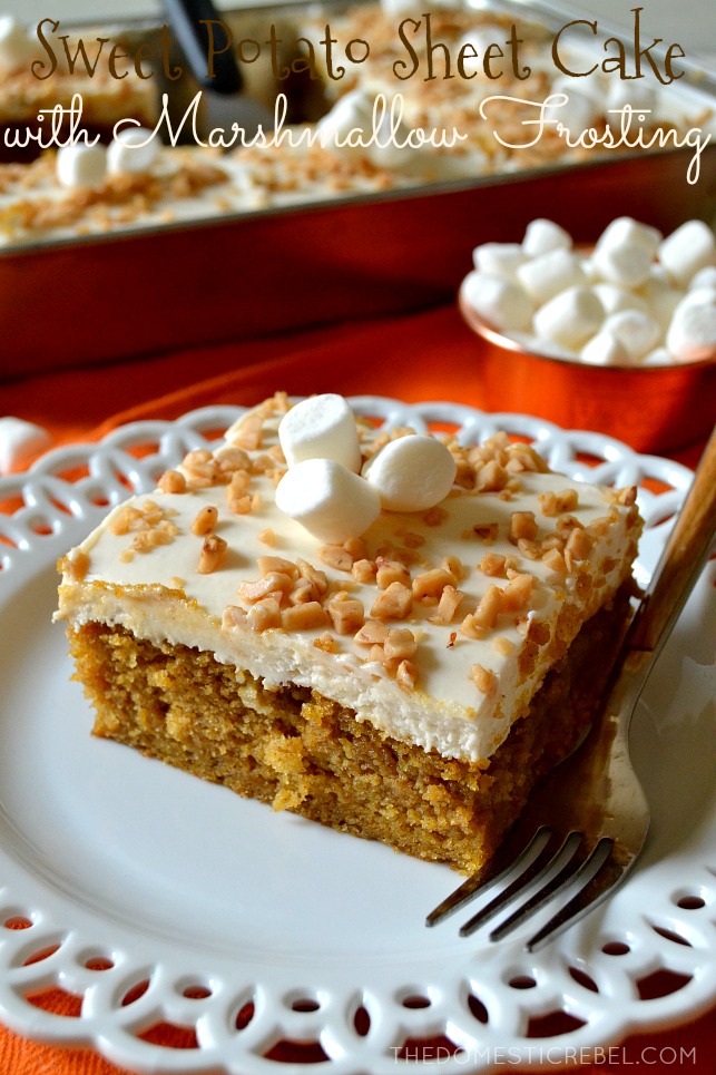 slice of sweet potato sheet cake with marshmallow frosting on a white plate