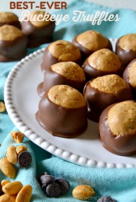 Everyone will go CRAZY for these BEST-EVER Peanut Butter Buckeye Truffles! They're the easiest candy to make with only a few simple ingredients, but they taste AMAZING. Creamy, buttery, soft and almost gooey with a smooth chocolate outer shell. Perfect for anytime but especially gift-giving!