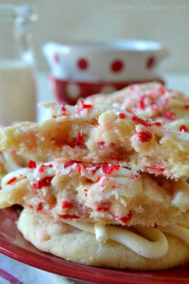a peppermint crunch sugar cookie split in half and stacked 