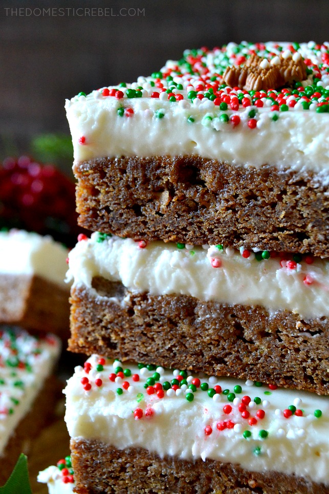 close up of the sides of three stacked gingerbread blondies 
