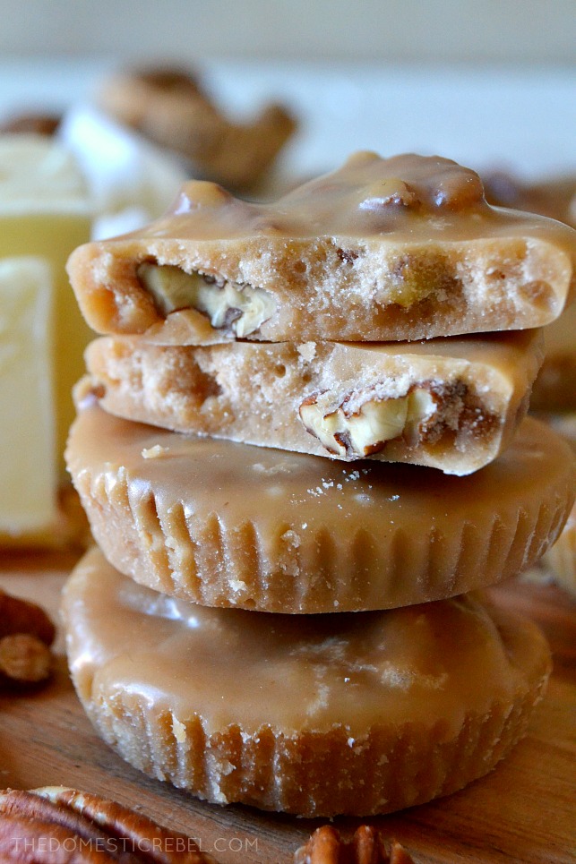 halves of a pecan praline stacked on top of two whole pralines