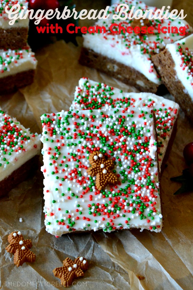 two gingerbread blondies propped against each other 