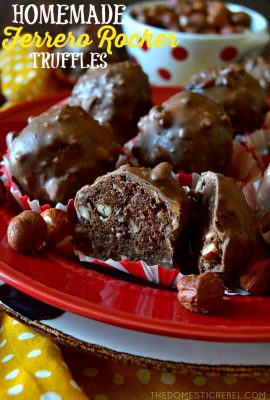 These EASY Homemade Ferrero Rocher Truffles taste even BETTER than the real thing! Only a handful of ingredients, they come together pretty quickly and make a huge batch - great for gift-giving! Super chocolaty, nutty deliciousness!