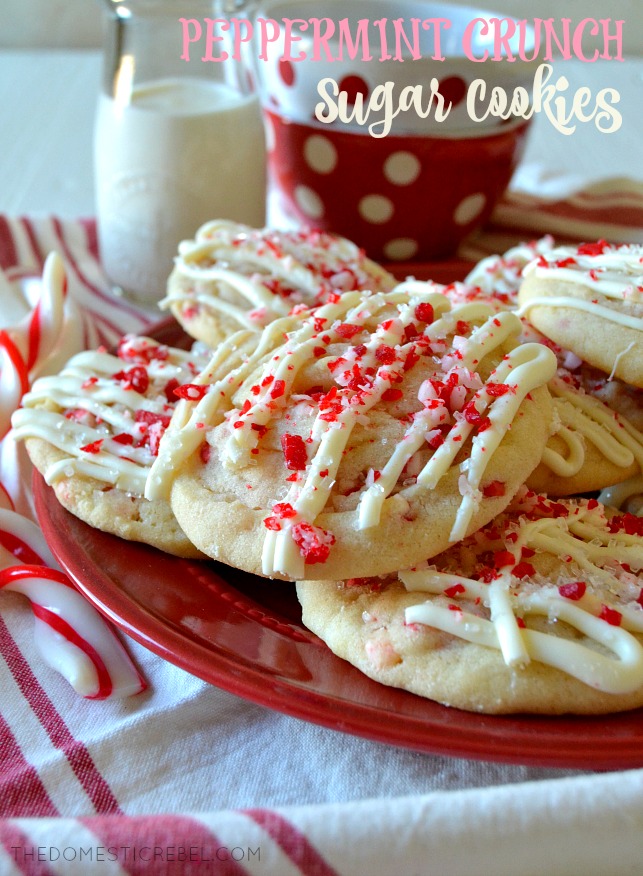 peppermint crunch cookies arranged on a red plate 