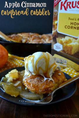Skillet Apple Cinnamon Cornbread Cobbler is a fantastic twist on apple pie or fruit cobbler! Tender apples topped with fluffy cinnamon-sugar-covered cornbread cobbler straight from the skillet! It's almost mandatory to serve it with ice cream! #ad