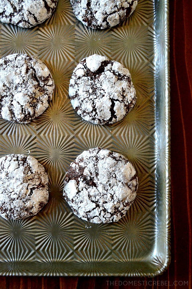 chocolate crinkle cookies arranged in rows on a patterned cookie sheet