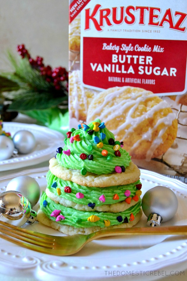 sugar cookie christmas tree cookies in front of a box of Krusteaz butter vanilla sugar mix