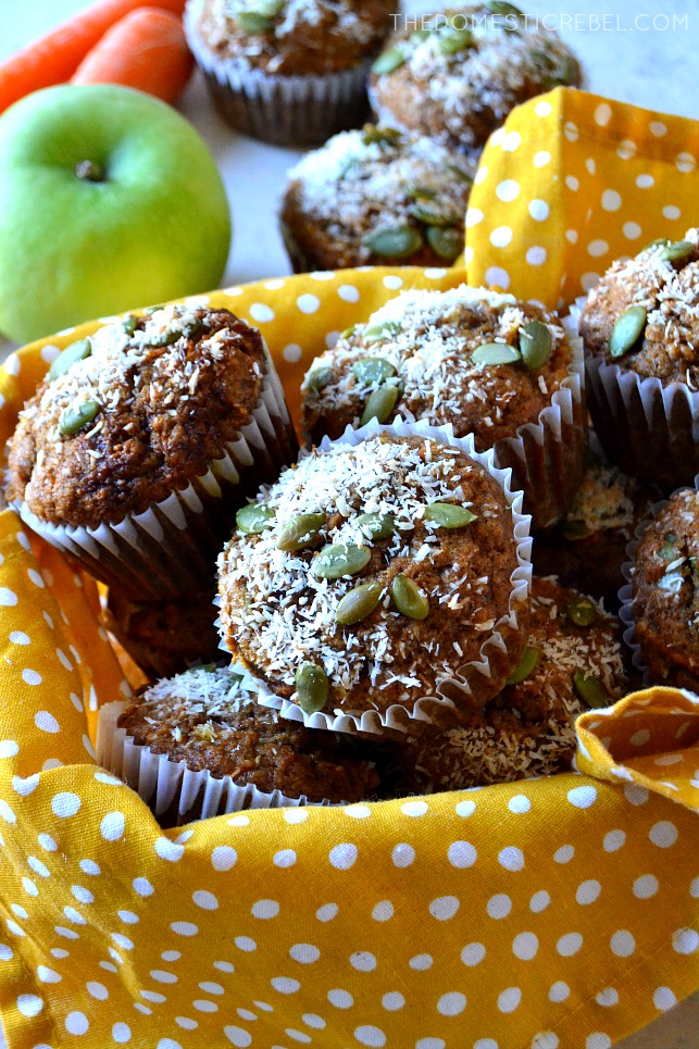 morning glory muffins in a bowl lined with a yellow and white polka dot cloth