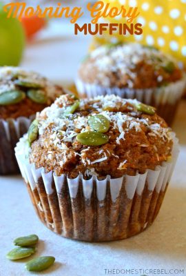 These Morning Glory Muffins are healthy, easy and PACKED with flavor! They taste like carrot cake and are bursting with flavor from pineapple, coconut, apples, pepita seeds, flavorful spices and a healthy boost from whole wheat flour and ground flax!