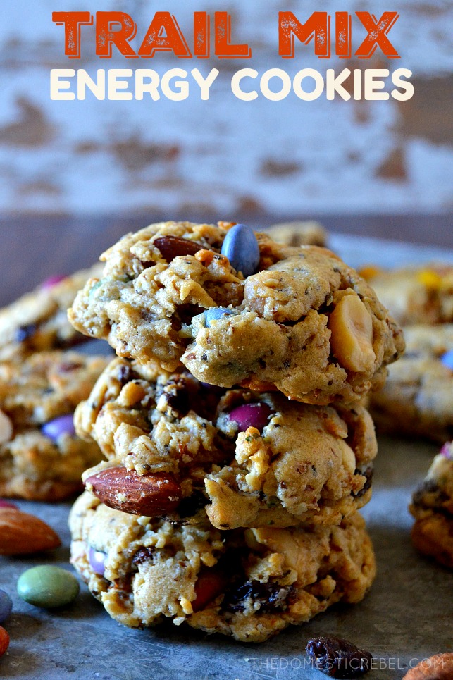 three trail mix energy cookies stacked 