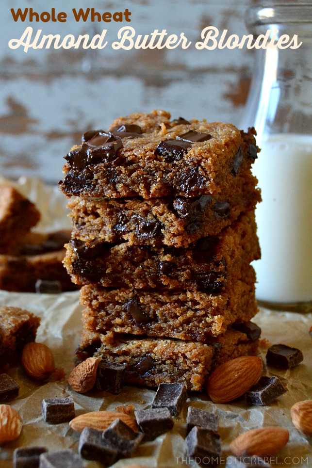 five whole wheat almond butter blondies stacked 