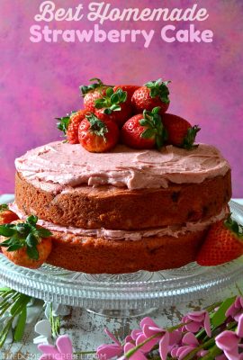 This is the BEST Homemade Strawberry Cake I've ever tried! Moist, fluffy layers of flavorful strawberry buttermilk cake layered with a decadent strawberry cream cheese frosting. So delicious and easy!