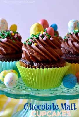 These Chocolate Malt Cupcakes are so fun, easy, and fabulous! Fudgy, moist chocolate buttermilk cake topped with a mountain of chocolate malt frosting and malted milk eggs. Perfect for springtime!