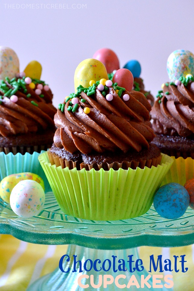 chocolate malt cupcakes on green cake stand with egg candies