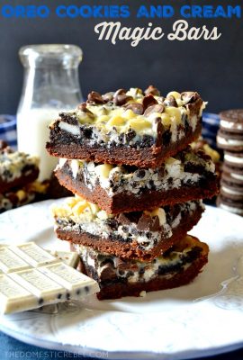 These Oreo Cookies & Cream Magic Bars are super soft, chewy and loaded with gooey chocolate and Oreo flavors! Super easy, impressive, and feeds a crowd!