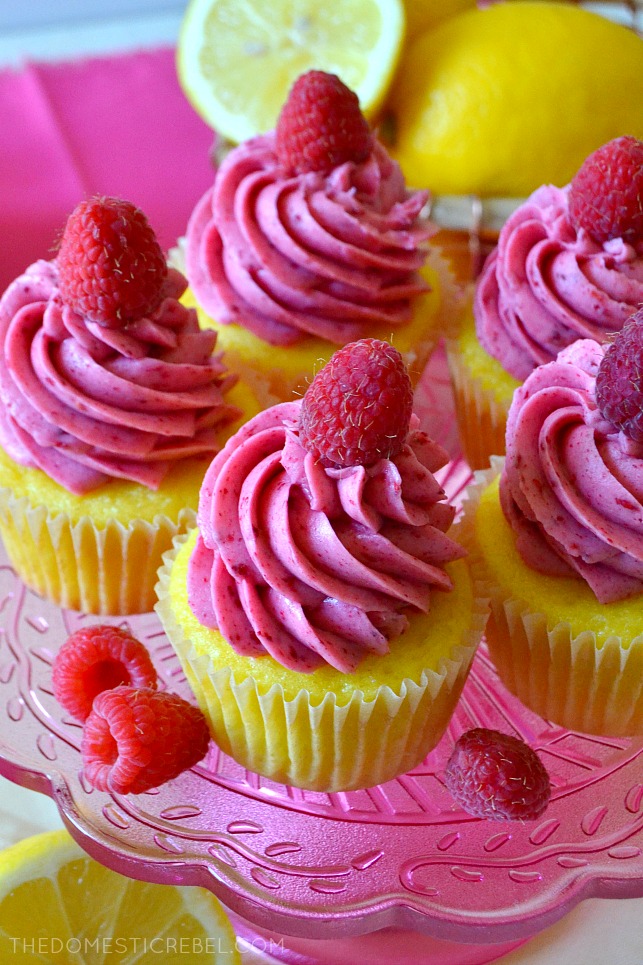aerial view of raspberry lemonade cupcakes arranged in a circle on a cake stand