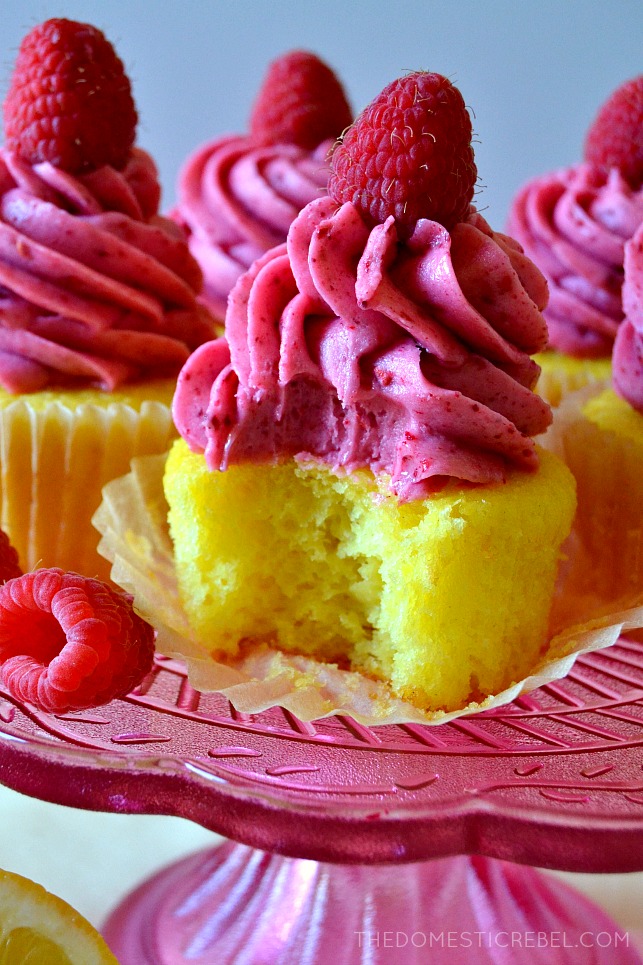 bite taken out of a raspberry lemonade cupcake 
