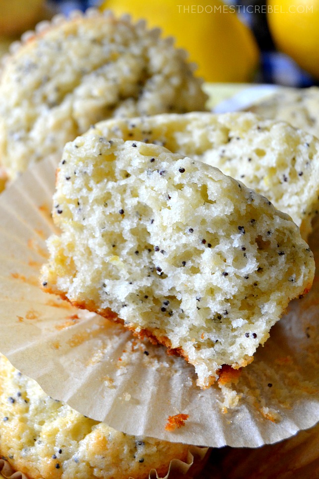 close up of half of a lemon poppyseed muffin 