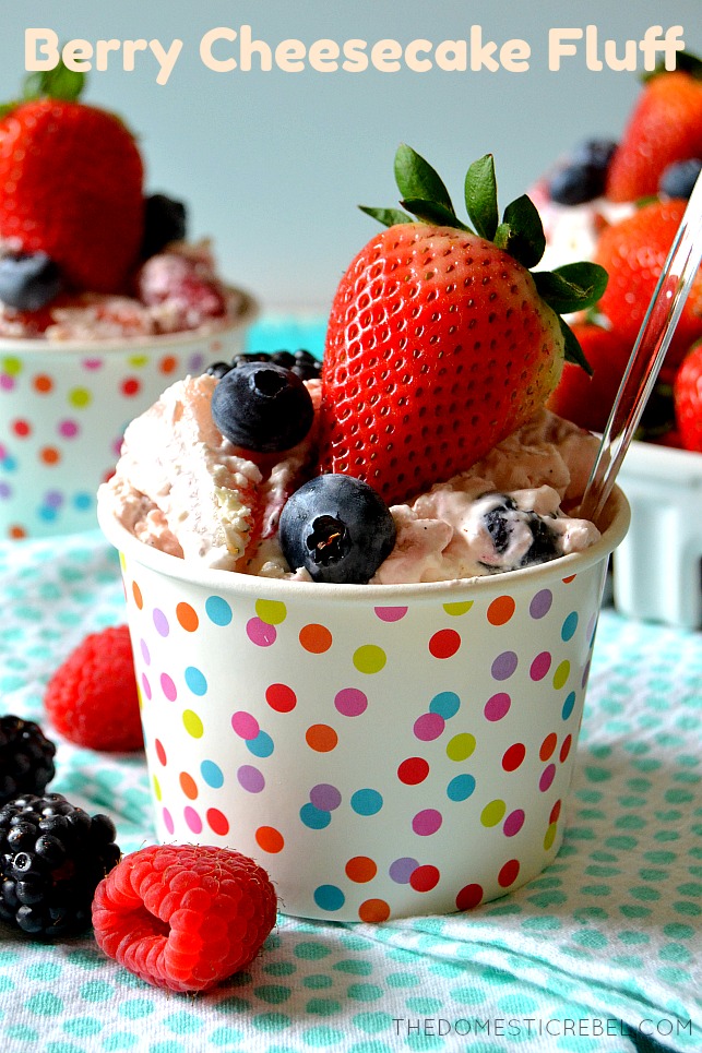 berry cheesecake fluff in a rainbow polka dot bowl