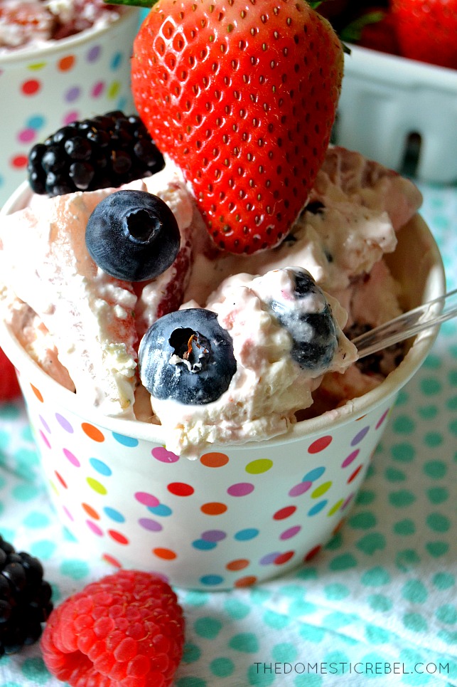 a spoonful of berry fluff in the polka dot bowl 