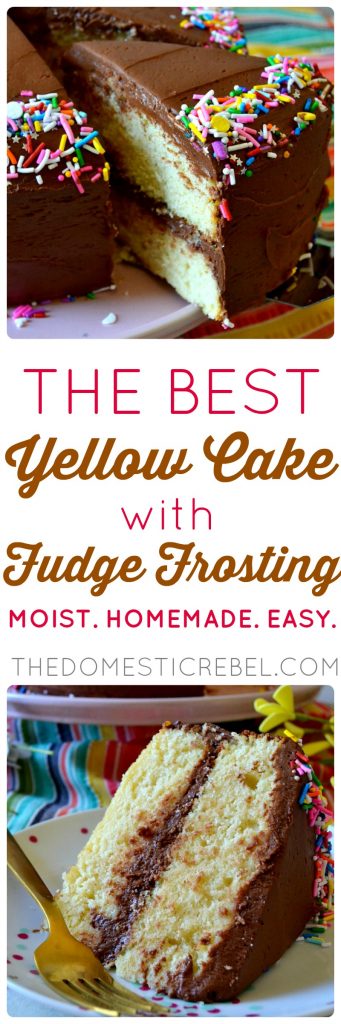the best yellow cake with fudge frosting collage. "moist. homemade. easy" 