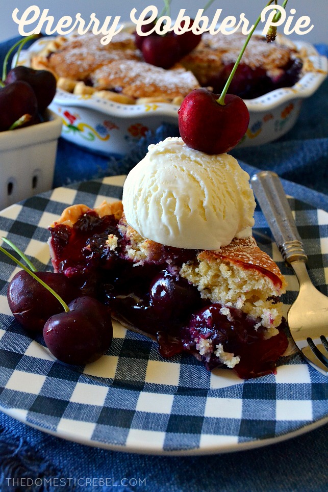 slice of cherry cobbler pie on a blue gingham plate 