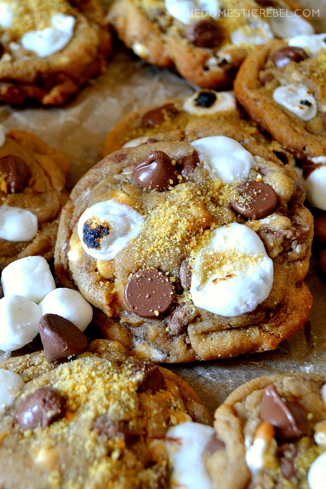 These Toasted S'mores Chocolate Chip Cookies are FANTASTIC, heavenly cookies flavored with s'mores! From the soft and chewy chocolate chip cookie base to the gooey puddles of milk chocolate and toasted sweet marshmallow, you'll love these easy, crowd-pleasing cookies! 